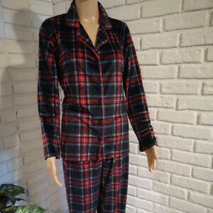 Denver Hayes Ladies Size XS Blue Red White 2 Piece Plaid Long Sleeve Pajamas